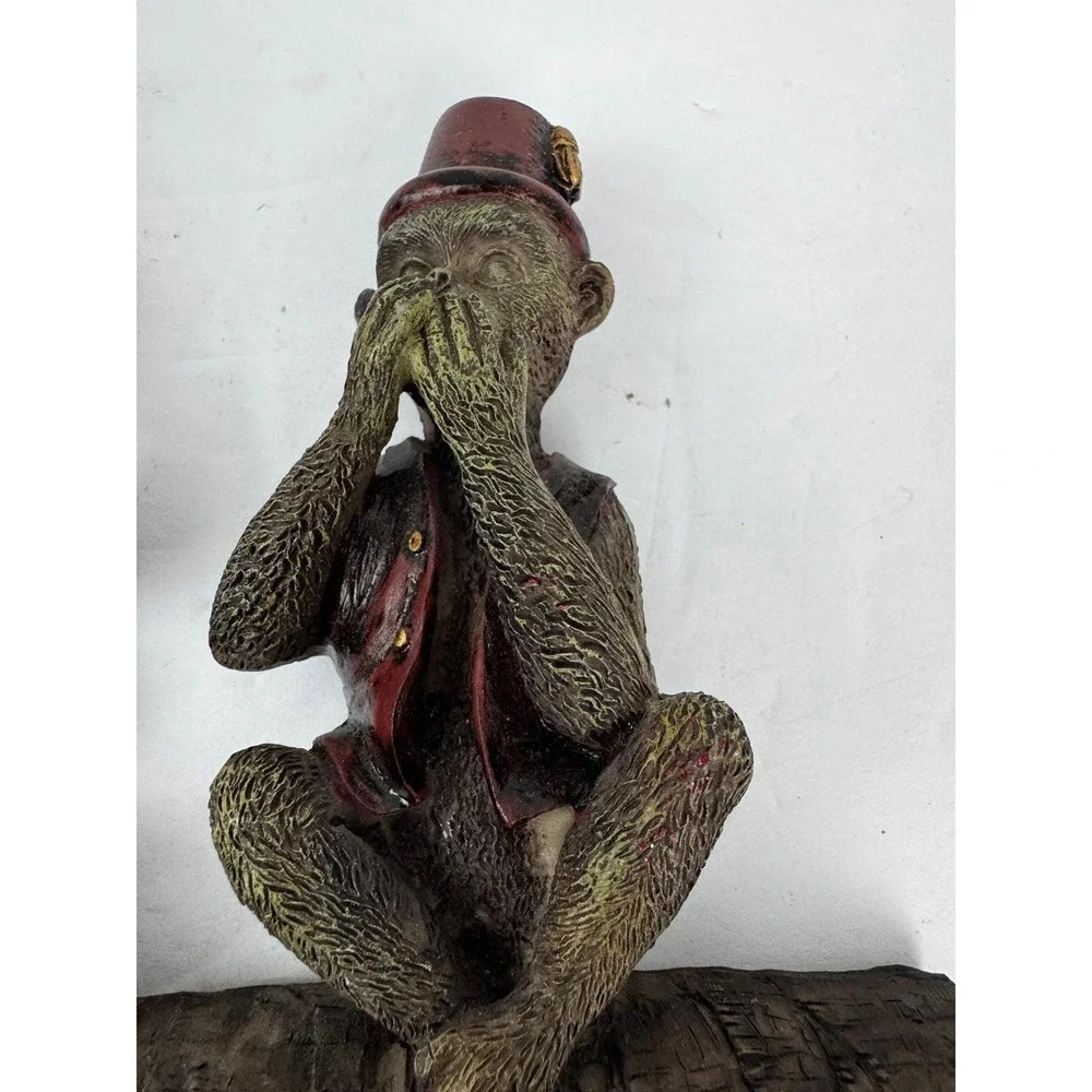 Three Wise Monkeys Wall Coat Rack See Hear Speak No Evil Fez Hat Resin 10.5in